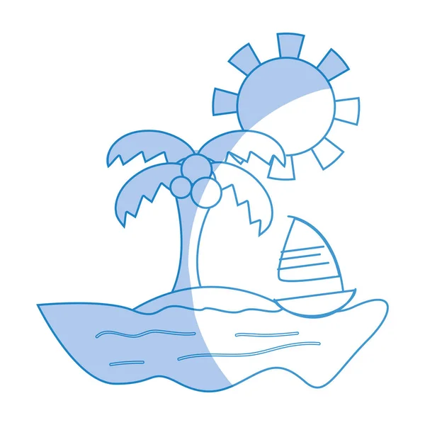Silhouette Palme Mit Segelboot Die Insel Vektor Illustration — Stockvektor