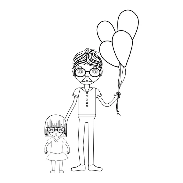 Linha Pai Com Sua Filha Balões Ilustração Vetorial — Vetor de Stock
