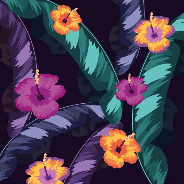 Tropische Blumen Mit Natürlichen Blättern Hintergrund Vektor Illustration — Stockvektor