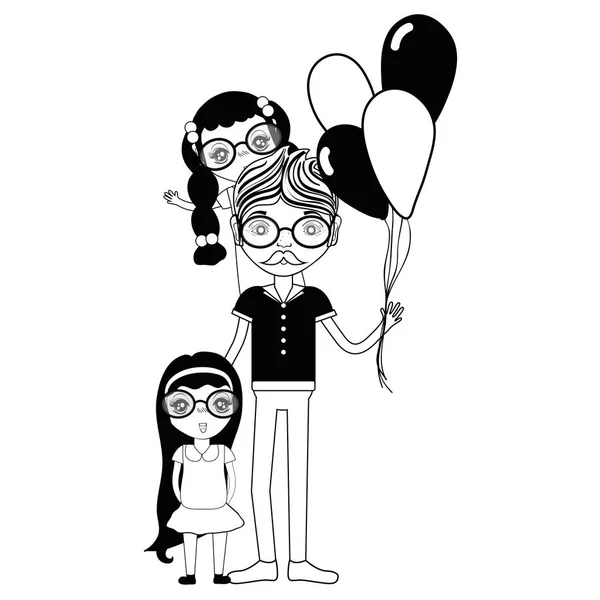 Contour Father His Daughters Balloons Vector Illustration — Stock Vector