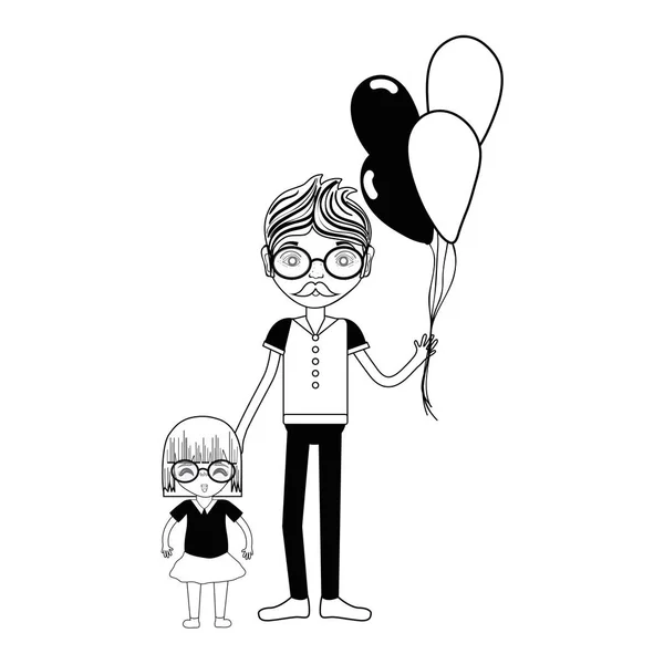 Contour Father His Daughter Balloons Vector Illustration — Stock Vector