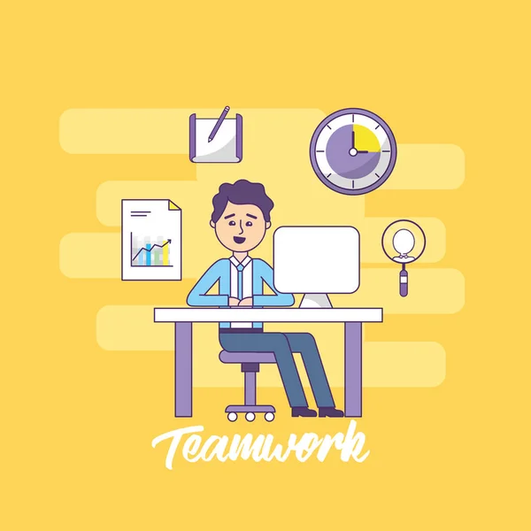 Hombre Negocios Trabajo Equipo Con Ilustración Vectores Información Documentos Informáticos — Vector de stock