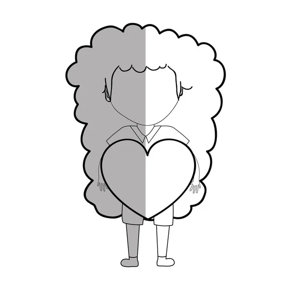 Ligne Jolie Fille Avec Coeur Dans Main Robe Illustration Vectorielle — Image vectorielle