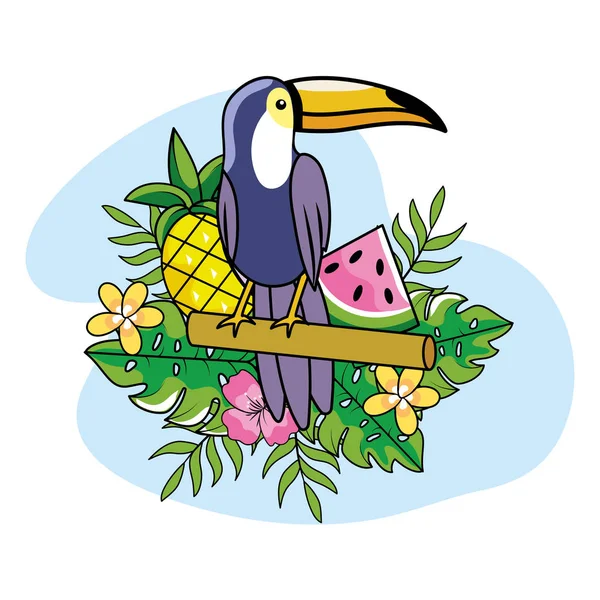 パイナップルと夏のベクトル図に植物とスイカのオオハシ — ストックベクタ