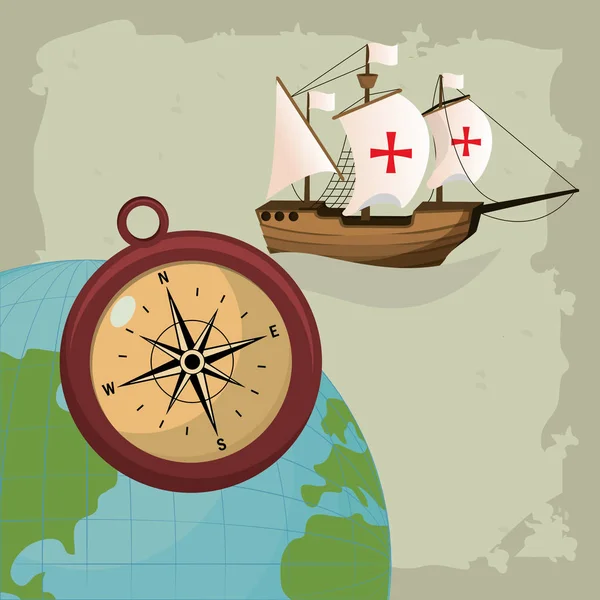 Dzień Kolumba Kompas Statek Świata Wektor Ilustracja Graficzna Dsign — Wektor stockowy