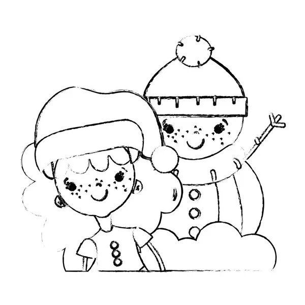 Figur Mädchen Mit Weihnachtskleidung Und Schneemann Design Vektor Illustration — Stockvektor