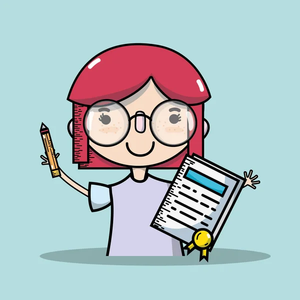 Frau Mit Brille Und Bleistift Mit Diplom Vektor Illustration — Stockvektor