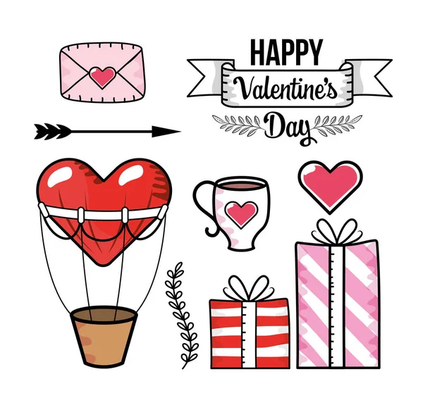 Set Love Card Heart Air Balloon Presents Gifs Vector Illustration — Stock Vector