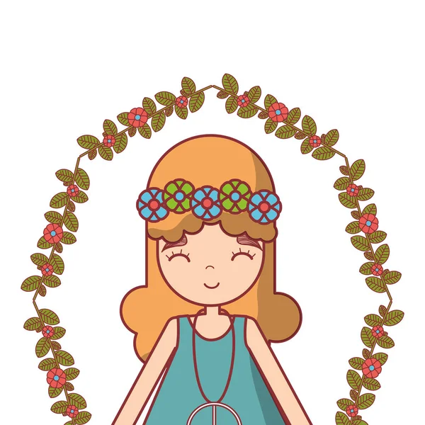 Hippie Vrouw Vrede Liefde Met Bloemen Takken Vector Illustratie Ontwerp — Stockvector