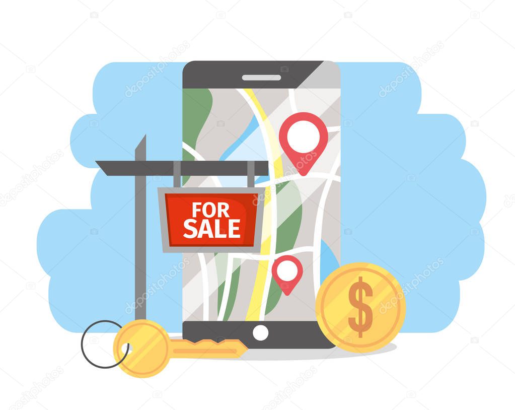 smartphone with real state property with location to sale vector illustration