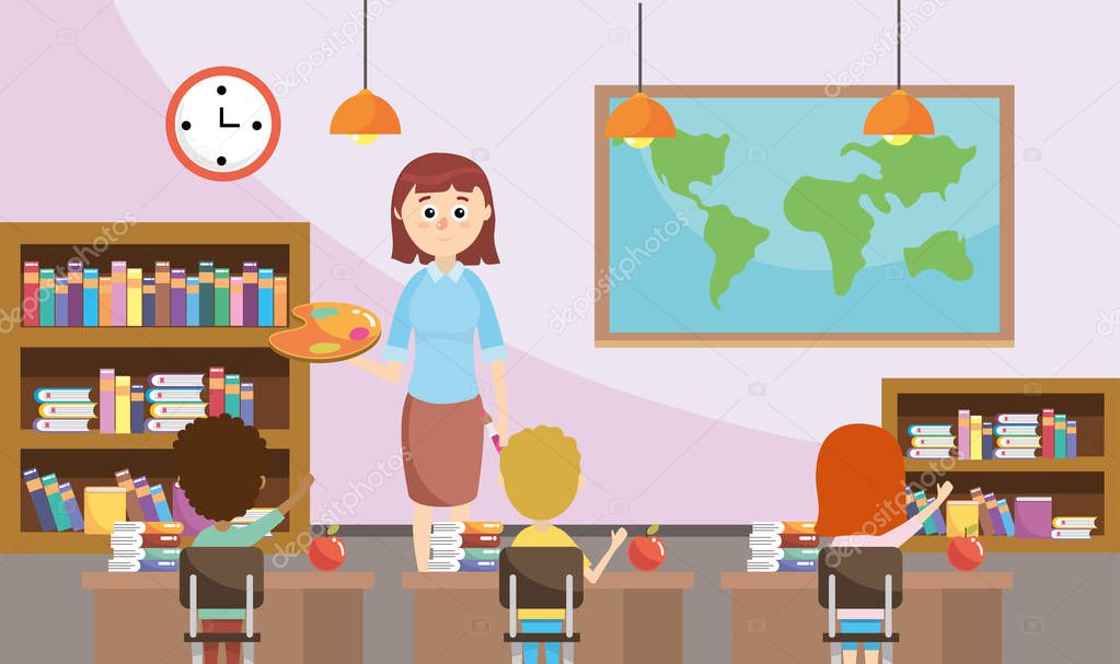 education teacher with students and bookcase in the classroom vector illustration