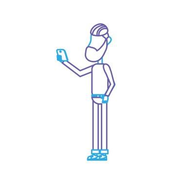 satır güzel adam saç modeli ve el vektör çizim içinde smartphone