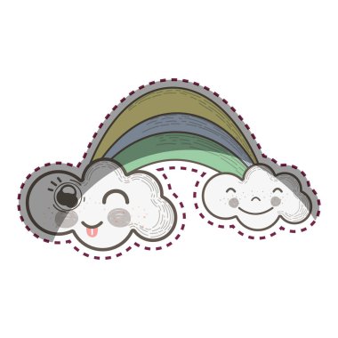 Kawaii rainbow ile bulutlar yüz ifadesi, vektör çizim ile