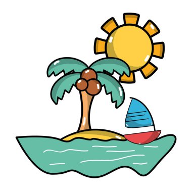 Yelkenli tekne ile ada vektör çizim, palmiye