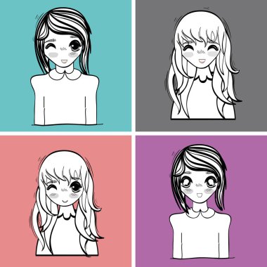 Anime şirin ifadeler kadınlar, vektör çizim tasarım ayarla