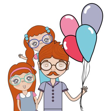 babası onun kızları ve balonlar, vektör çizim ile