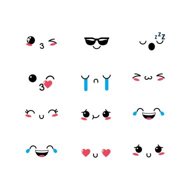 Kawaii emoji duygu simge vektör tasarlamak ayarla