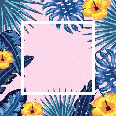 yaprakları bitki ve çiçekler arka plan vektör çizim ile kare çerçeve