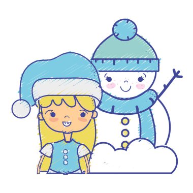 Noel giysileri ve kardan adam ile kız tasarlamak vektör çizim