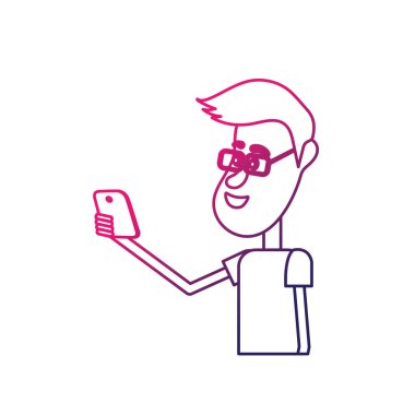 satır güzel adam saç modeli ve el vektör çizim içinde smartphone