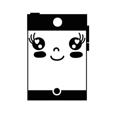 kontur gri tonlamalı kawaii şirin mutlu smartphone teknoloji vektör çizim