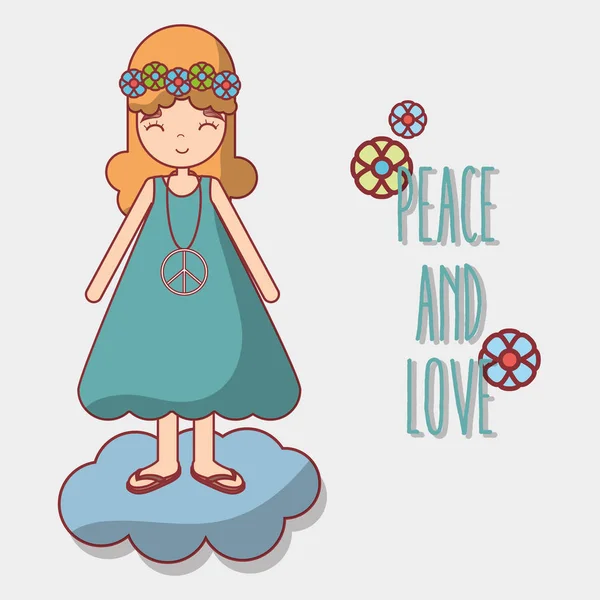 Ilustracja Wektorowa Kobieta Chmurze Pokoju Miłości Kwiatami — Wektor stockowy