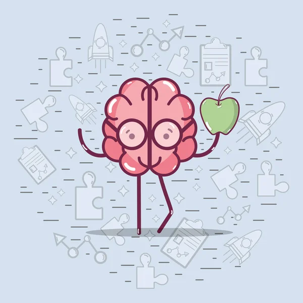 Ícone Adorável Kawaii Cérebro Comer Maçã Ilustração Vetorial —  Vetores de Stock