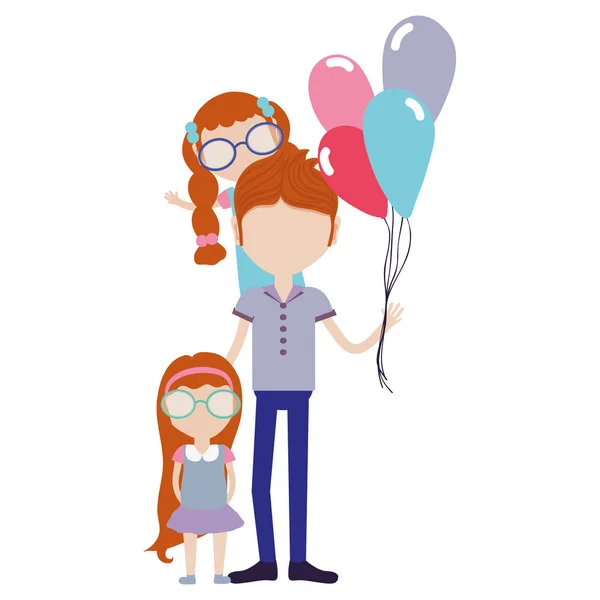 Pai Com Suas Filhas Balões Ilustração Vetorial — Vetor de Stock