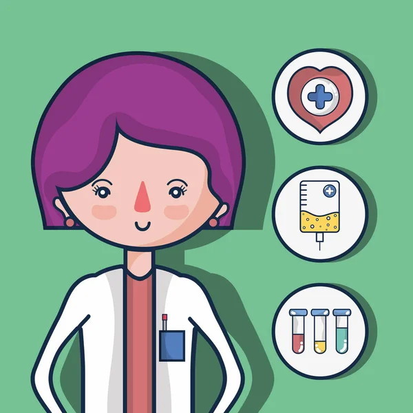 Mujer Médico Con Iconos Primeros Auxilios Vector Ilustración — Vector de stock