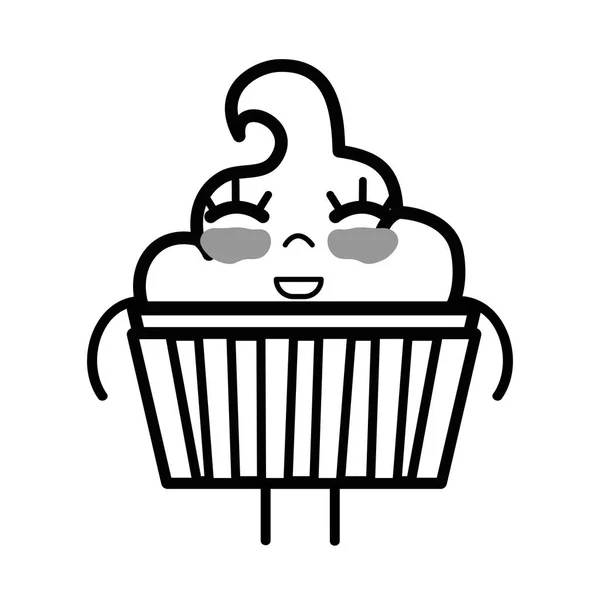 Line Kawaii Cute Happy Muffin Dessert Vector Illustration — Stock Vector