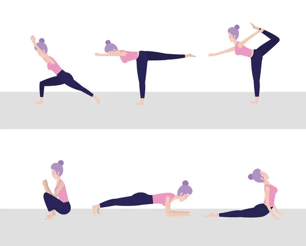 Impostare Donna Formazione Yoga Equilibrio Posizione Vettore Illustrazione — Vettoriale Stock