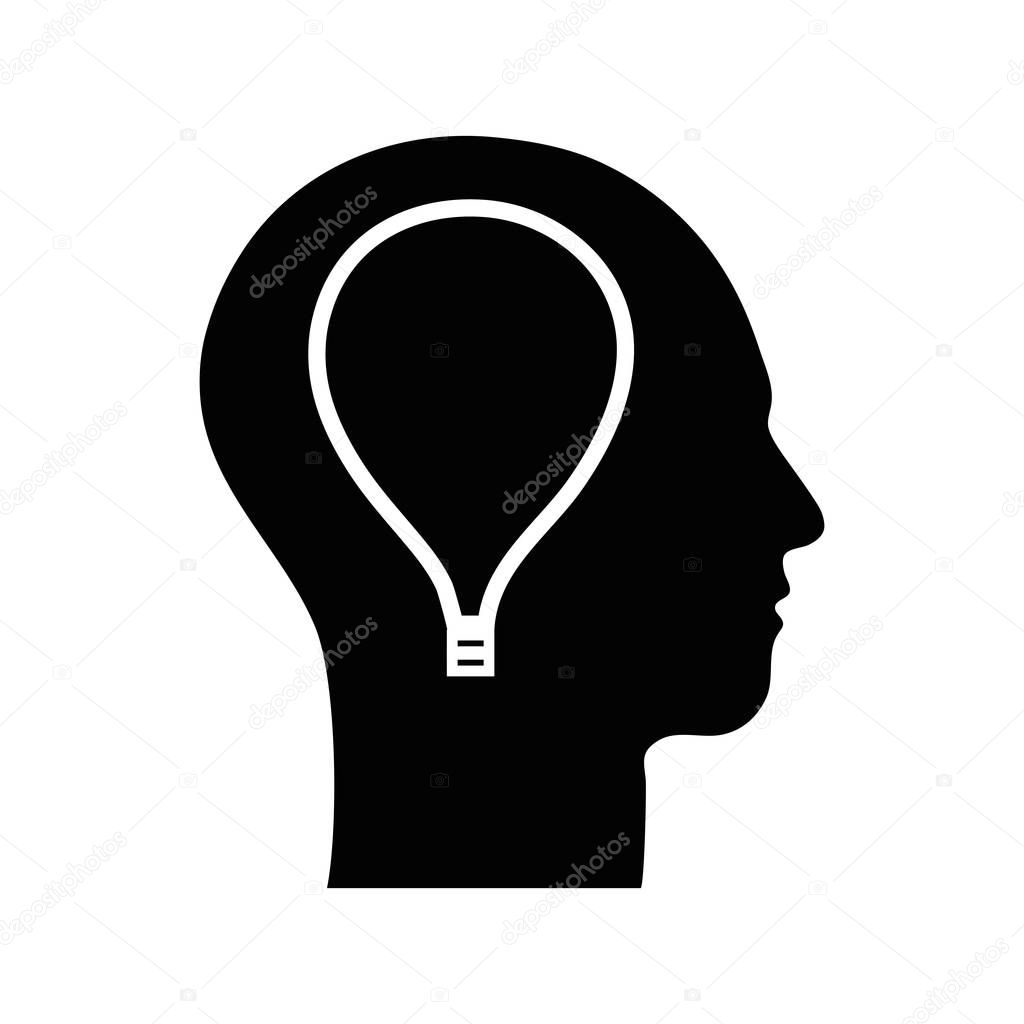 contour silhouette head with bulb inside, vector illustration