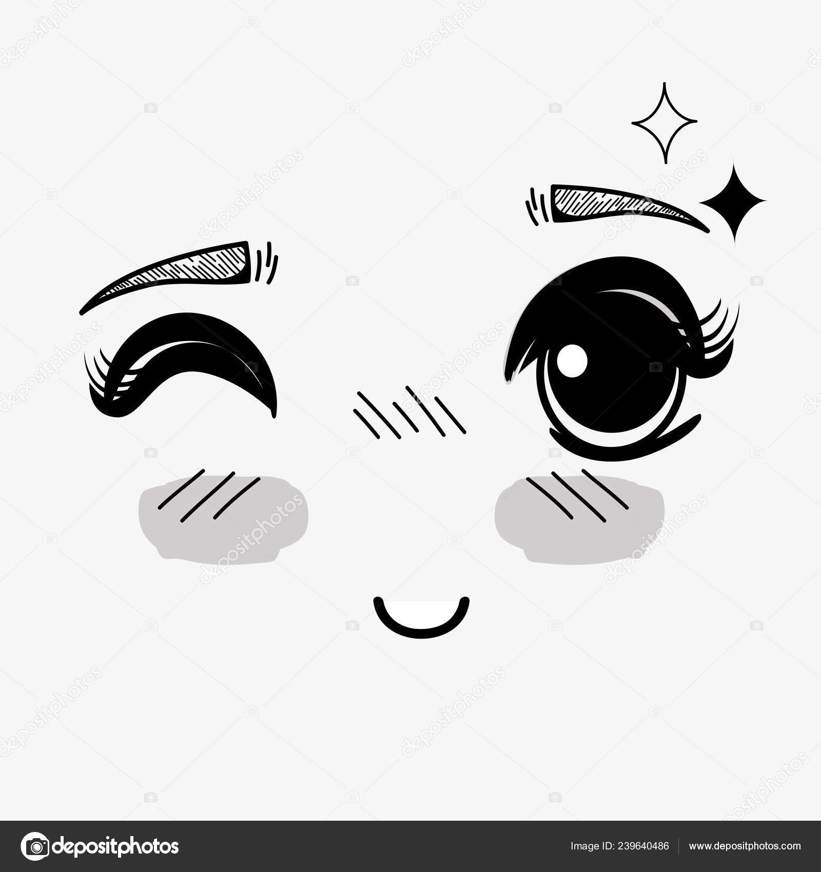 Expressões de anime rostos fofos de kawaii com olhos, lábios e