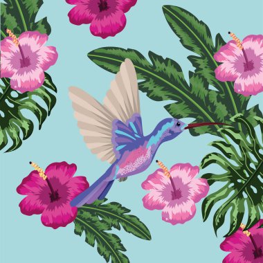sinek kuşu ile tropik çiçekler ve bitkiler arka plan vektör çizim bırakır
