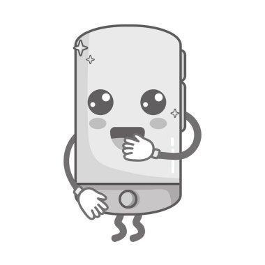 gri tonlamalı kawaii şirin mutlu smartphone teknoloji vektör çizim