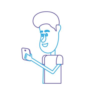 satır güzel adam saç modeli ve el vektör çizim içinde smartphone