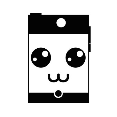 kontur gri tonlamalı kawaii şirin mutlu smartphone teknoloji vektör çizim