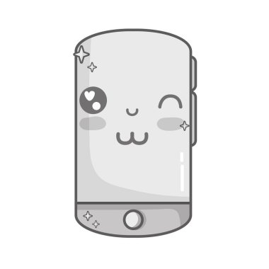 gri tonlamalı kawaii şirin komik smartphone teknoloji vektör çizim
