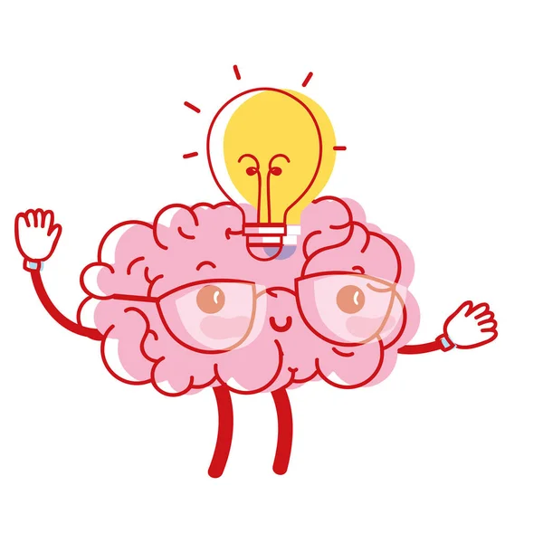 Kawaii Happy Brain Mit Bulb Idea Vektor Illustration — Stockvektor