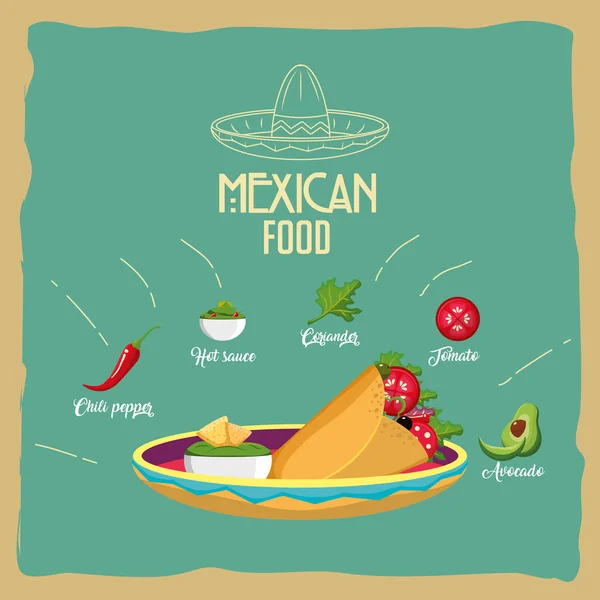 Burrito Comida Mexicana Snack Menú Tema Ilustración Vectorial — Vector de stock