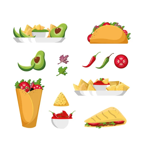 Taco Quesadilla Burrito Comida Mexicana Lanche Menu Tema Ilustração Vetorial —  Vetores de Stock