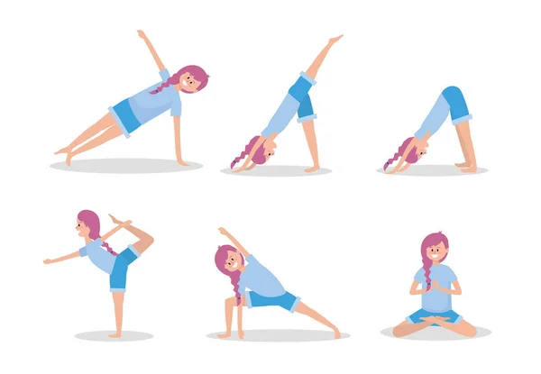 Stel Vrouw Praktijk Yoga Positie Oefening Vectorillustratie — Stockvector