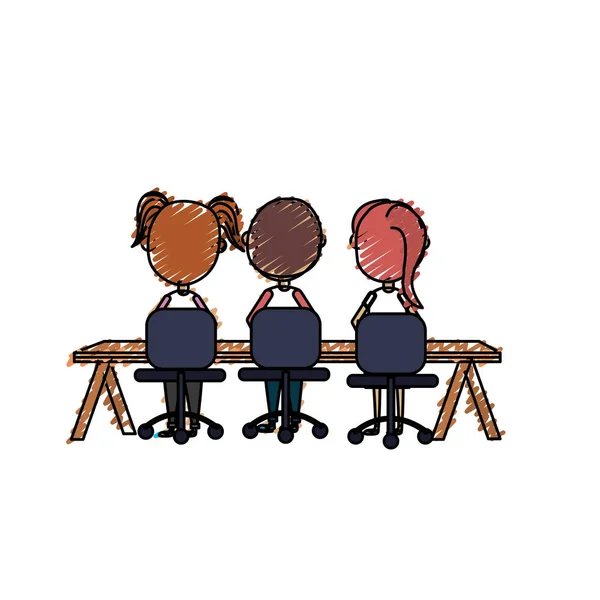 Kinder Schüler Sitzen Holz Schreibtisch Vektor Illustration — Stockvektor