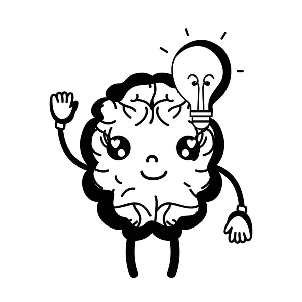 Contour Kawaii Gelukkig Hersenen Met Lamp Idee Vectorillustratie — Stockvector