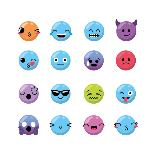 Set Kawaii Emoji Diseño Emoción Icono Vector Ilustración — Archivo Imágenes Vectoriales