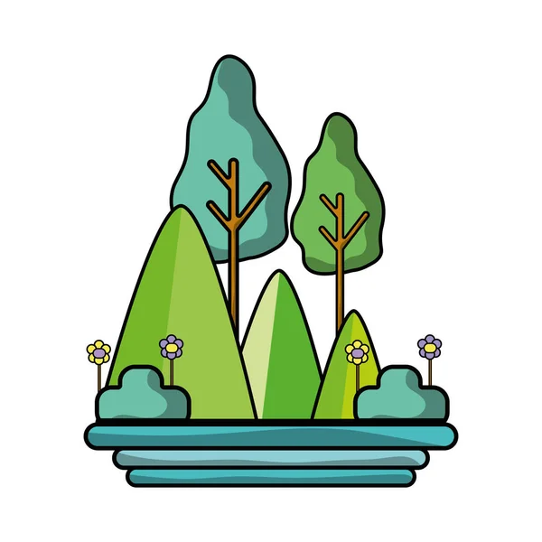 Montañas Con Plantas Con Flores Árboles Vector Ilustración — Vector de stock