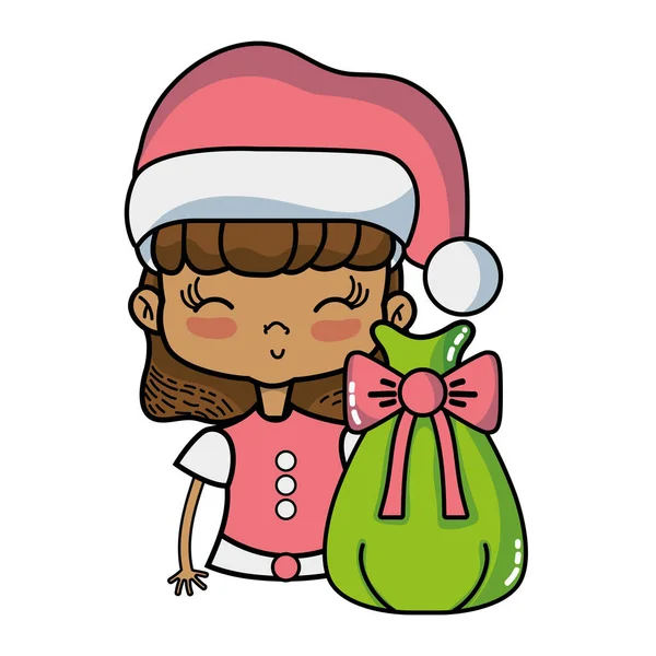 Nettes Mädchen Mit Hut Und Weihnachtstasche Vektor Illustration — Stockvektor