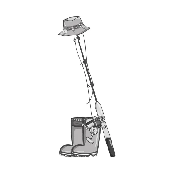grayscale fishing tool with boots and sincast with hat vector illustration