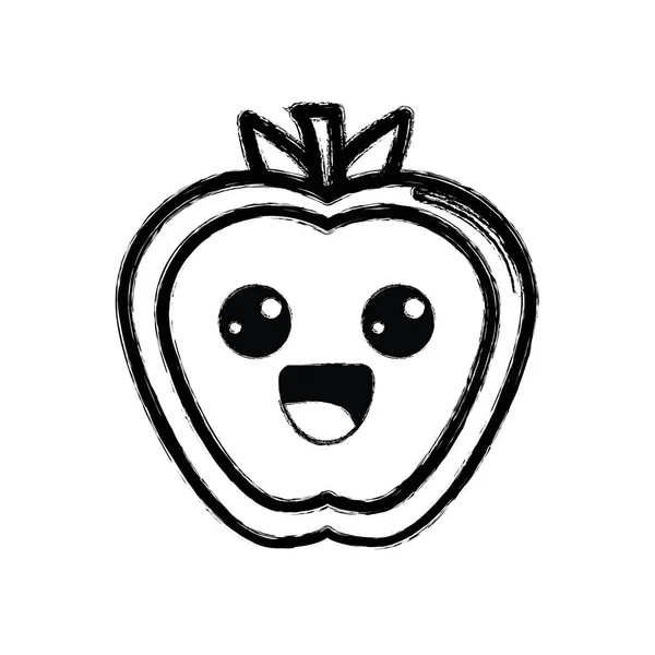 Contour Kawaii Cute Happy Apple Fruit Vector Illustration - Stok Vektor