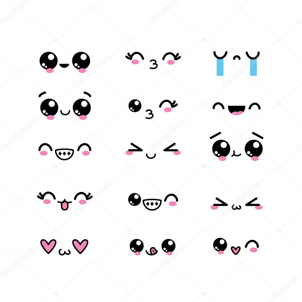 set kawaii faces character with expression design vector illustration